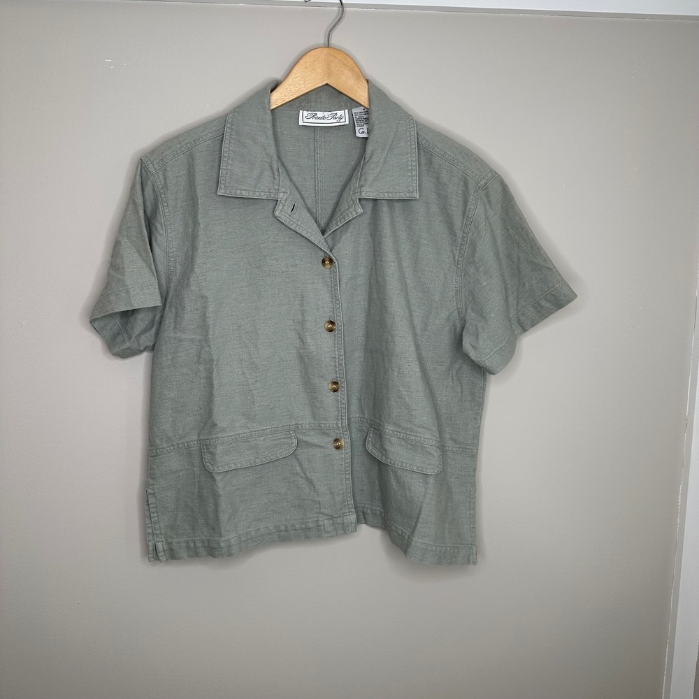 Private Party Women's Linen Blend Short Sleeve Button Down Sage Green‎ Shirt M